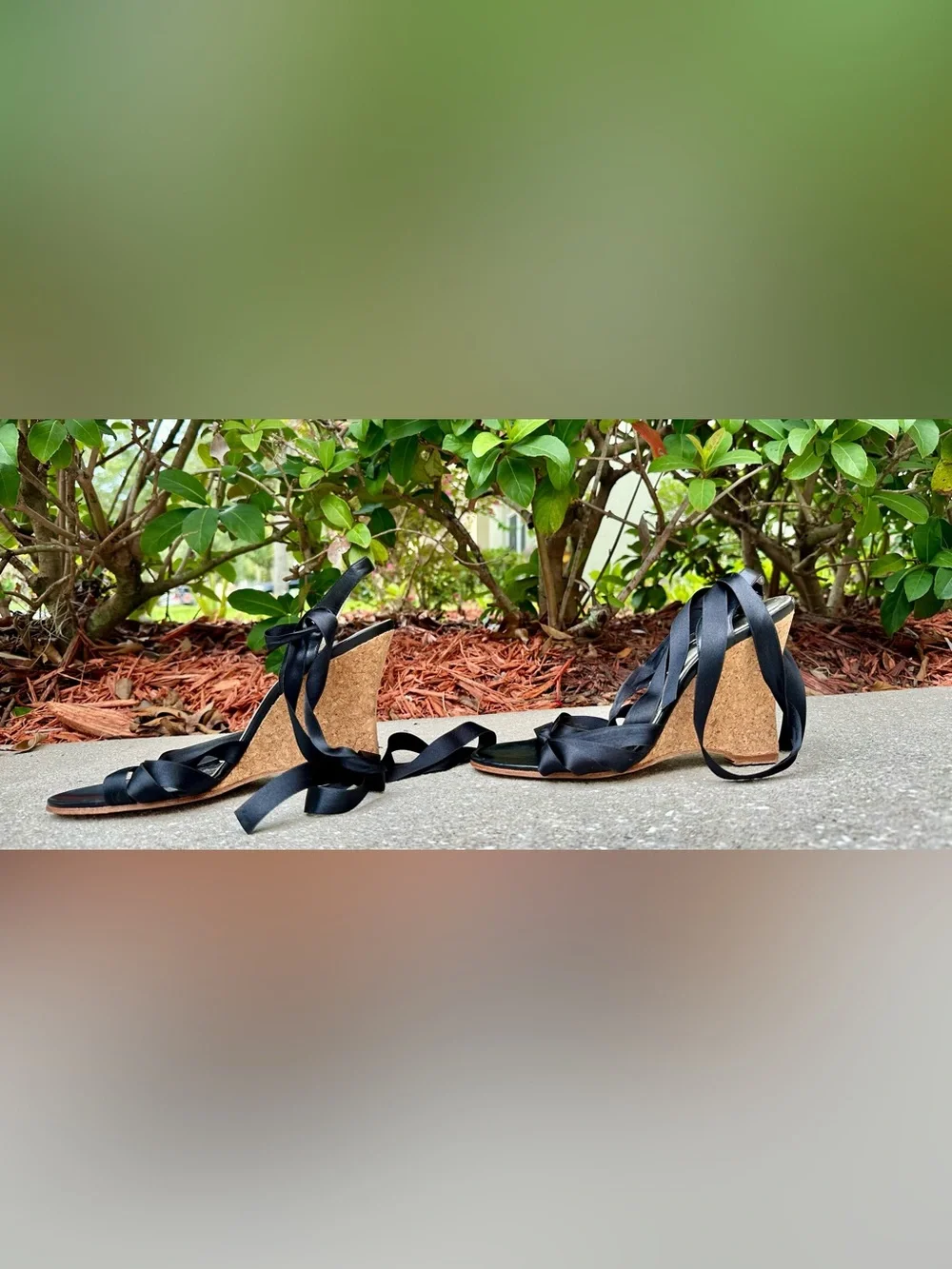 Vintage Martinez Valero Black Satin Ribbon Cork Wedge Sandals Women's 10